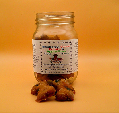Homemade All Natural Sweet Potato, Blueberry & Apple Fiber Dog Treats.