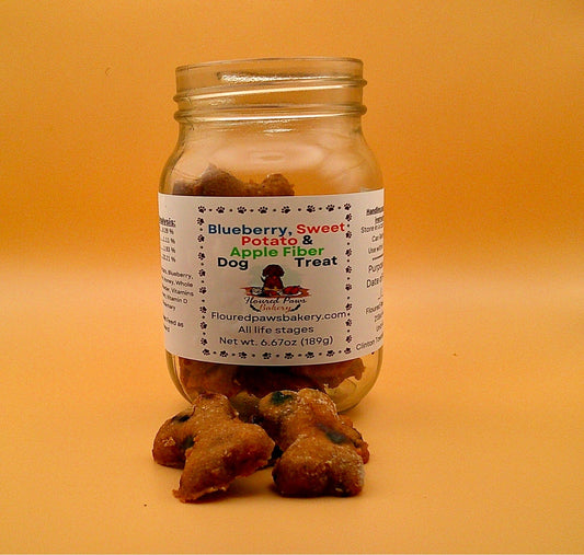 Homemade All Natural Sweet Potato, Blueberry & Apple Fiber Dog Treats.